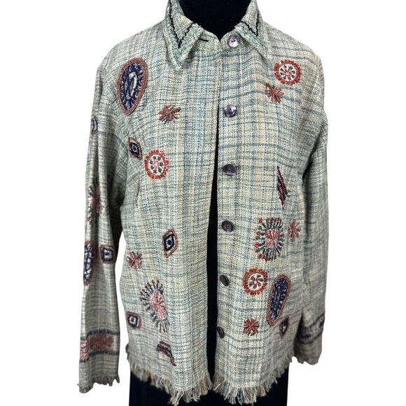 CHICO'S Womens Size 1 Green Multicolored Bohemian Embroidery Short Green Jacket - Picture 2 of 16